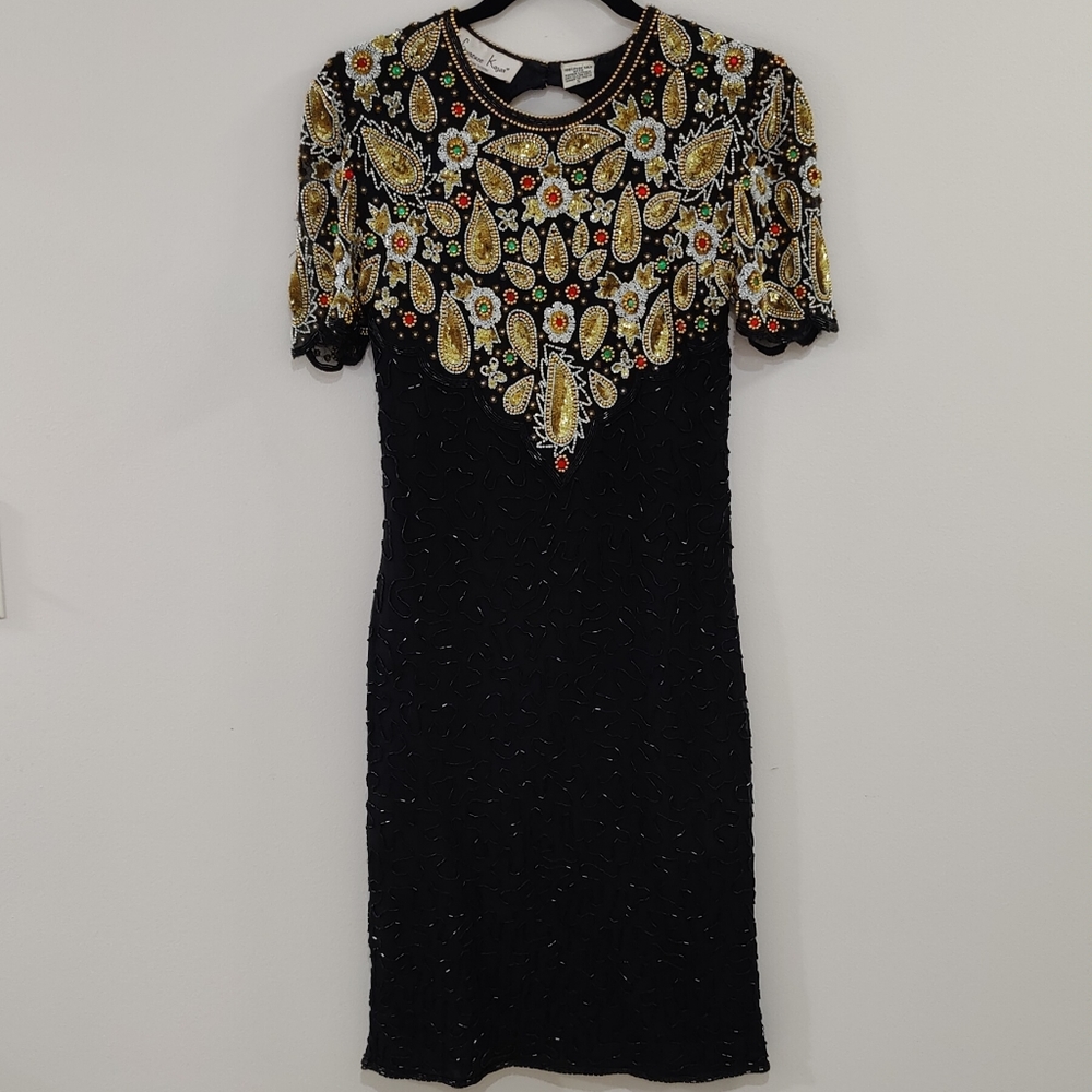 -Laurence Kazar beaded silk mini dress-